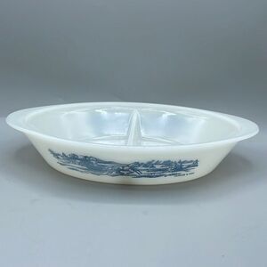 Glasbake made in USA milk glass divided dish with Currier & Ives Art